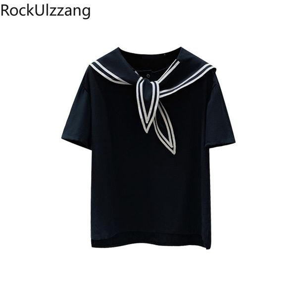 

sailor collar bow contrast cute casual fashion shirt summer black t-shirt korean women clothes teenager student simple kawaii t women's, White
