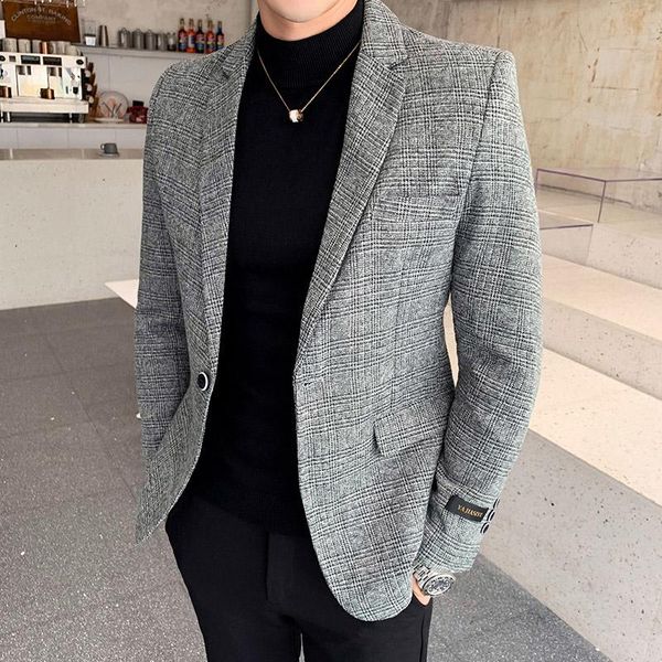 

men's suits & blazers autum british style mens blazer jacket plaid casual slim suit men business formal masculina veste costume homme, White;black