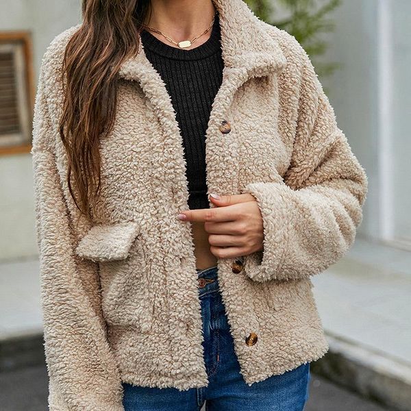 

women's wool & blends women fleece jacket coat 2021 autumn winter casual loose turn down collar long sleeve single breasted pocket tedd, Black