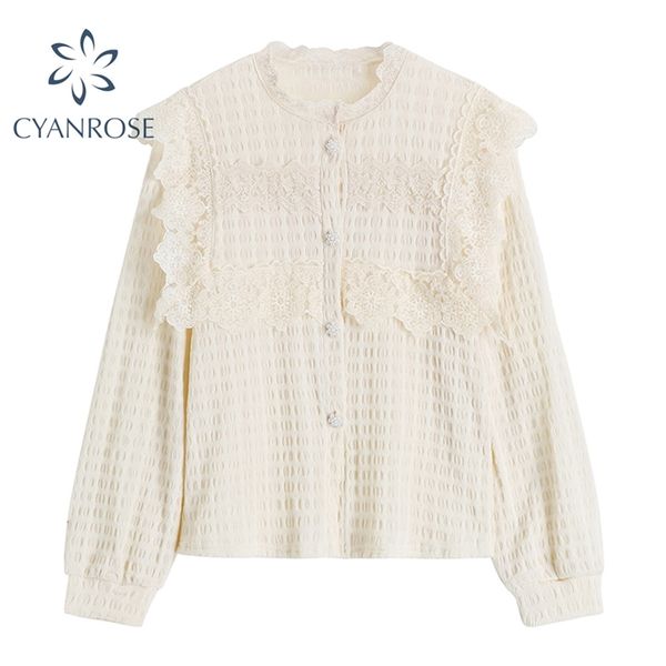 

korean solid blouses stylish women's shirts long sleeve single breasted ruffle design pearl button loose blusas ladies ol 210430, White