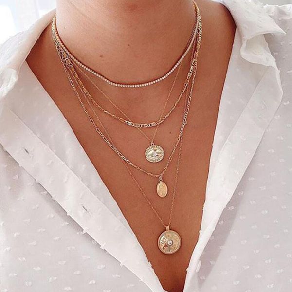 

chokers bohemian jesus pendant crystal chain necklace women's retro multilayer coin geometric choker jewelry gift, Golden;silver