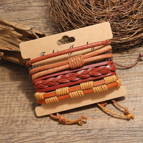 

tennis 5pcs/set men leather adjustable stainless steel wax/ rope multilayr braclet handmade woven braslet homme jewelry accessories, Golden;silver