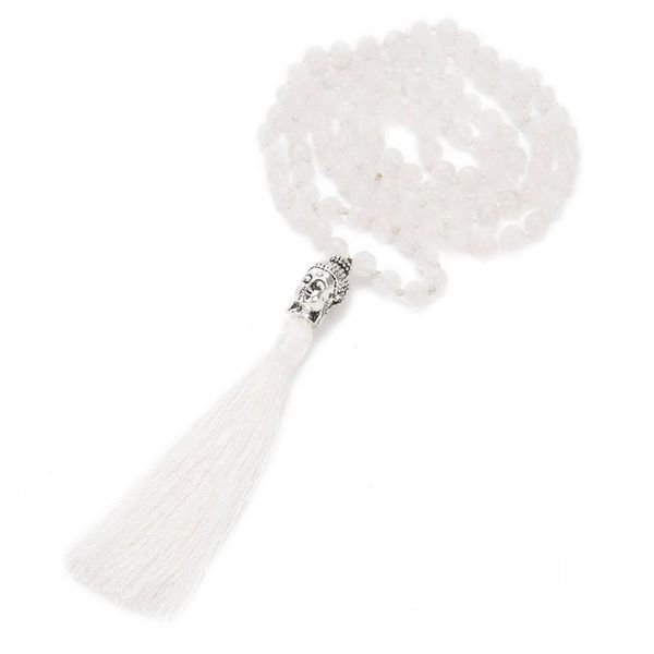 

pendant necklaces 108 mala natural pink crysta beaded handmade knotted buddha head long tassel meditation praying yoga men women necklace, Silver
