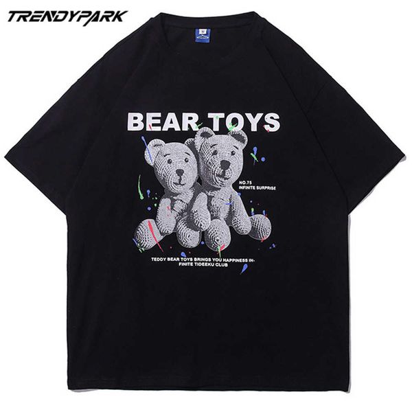 

men's bear toys t-shirt summer short sleeve printed tee hip hop oversized cotton casual harajuku streetwear tshirts clothing 210601, White;black