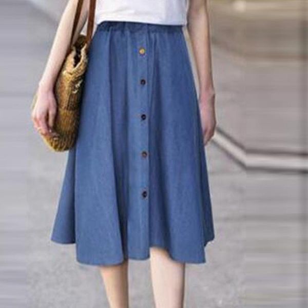 

women button pleated skirt high waist straight jeans long casual ladies solid fashion fit skirts femme jupes 2021, Black