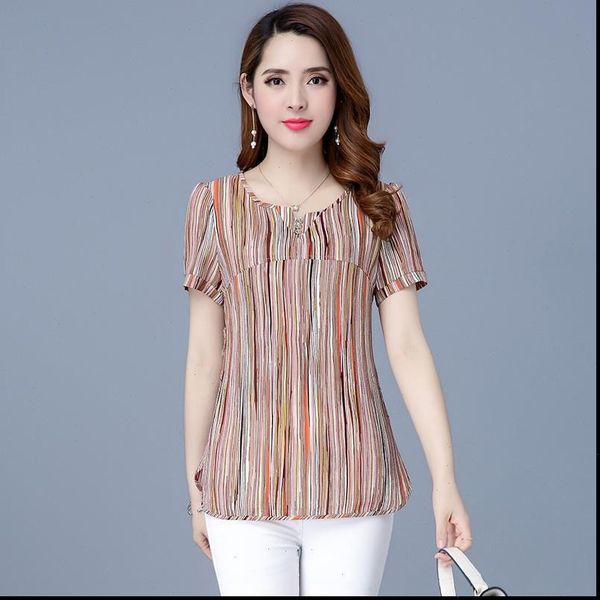 

spring summer style chiffon casual womens shirt striped yellow green short sleeve blusas df2641, White