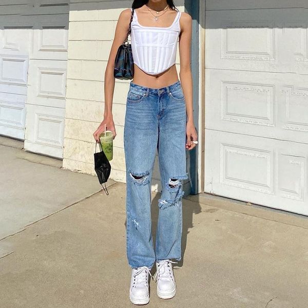 

women's pants & capris women y2k high waist ripped jeans vintage aesthetics hole wide leg baggy 90s fashion denim e-girl blue trousers, Black;white