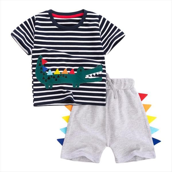 

summer kids black cartoon appliques 3d crocodile o neck striped cotton knitted boys 2 7yrs casual sets, White