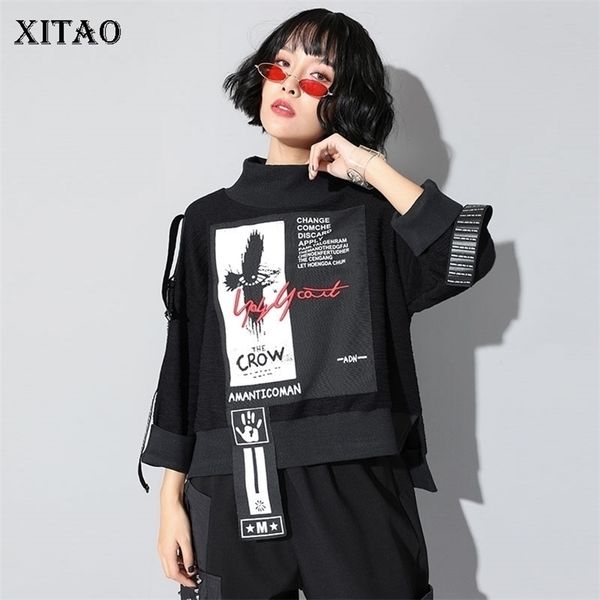 XITAO Print Brief Muster T-shirt Frauen Mode Neue Pullover Patchwork Rollkragen Wild Joker Gerade Herbst T-shirt ZLL4239 210324