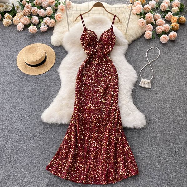 

summer sequins long dress women red/black/gold bling bling v-neck high waist spaghetti strap vestidos female party robe new, Black;gray