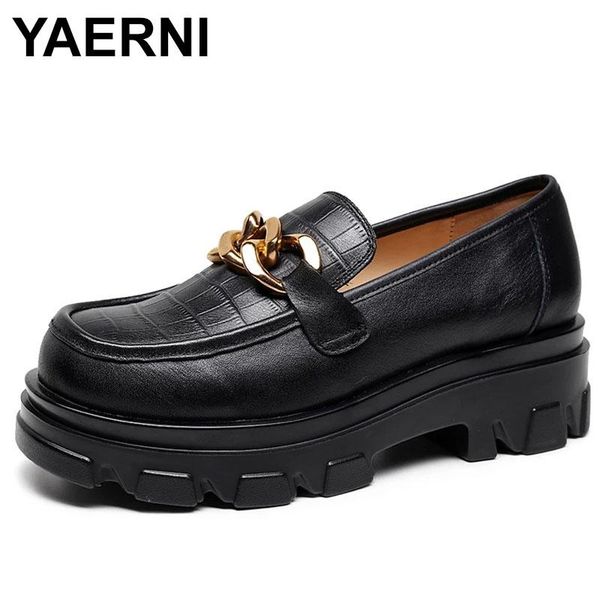 

dress shoes yaerni metal chain platform sneakers women genuien leather slip on loafers comfortable 2021 spring female wedges, Black