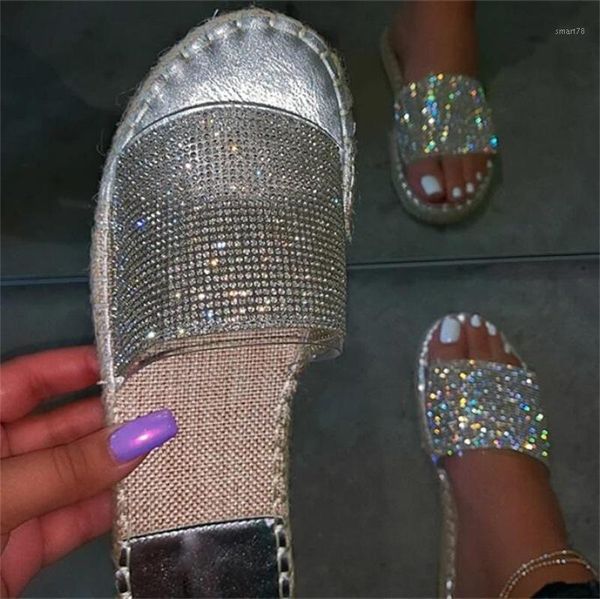 

sandals women slippers 2021 summer glitter open toe casual beach shoes flats bling crystal ladies plus size1, Black