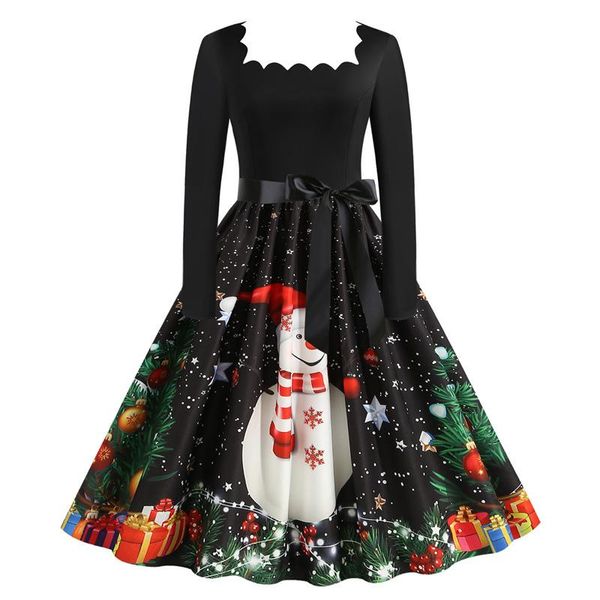 Vestidos casuais balanço preto retro vestido de natal boneco de neve impressão vintage mulheres vestígio de inverno manga longa sexy festa de ano plus size arco