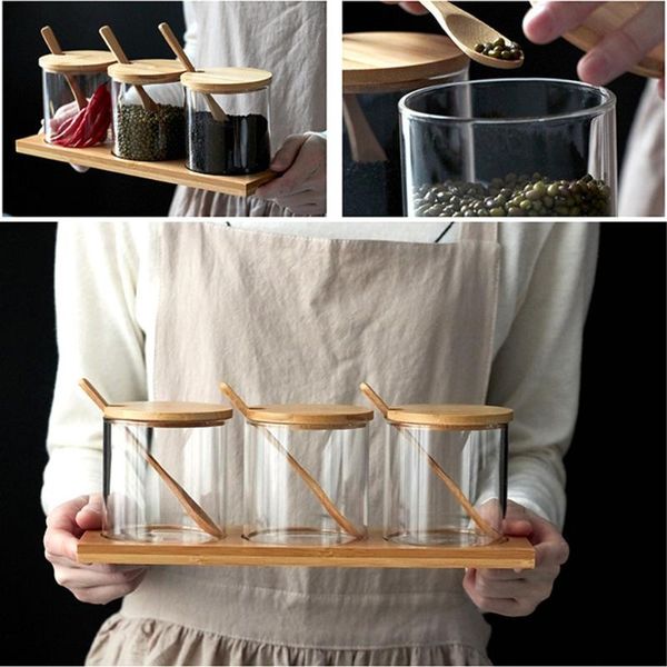 

spice jar with lid and spoon can be used for sugar, coffee, glass set, bamboo wood lid, kitchen storage container bottles & jars