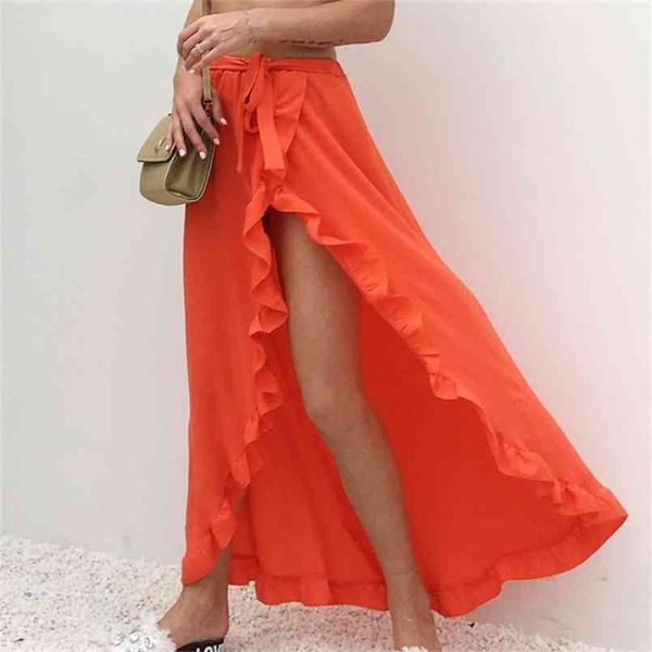 Sloble Solid Beach Leang Long Maxi юбка женщин боковой сплит белый черный желтый упругая талия высокая юбка одежда 210708