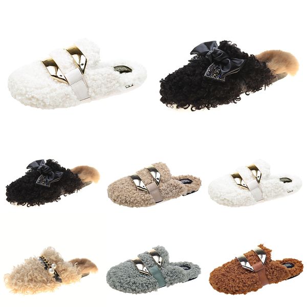 

discount newly autumn winter womens slippers metal chain all inclusive wool slipper for women outer wear plus big szie muller half drag shoe, Black