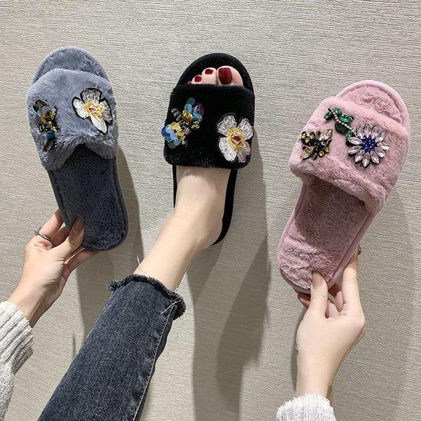 

winter women house slippers faux fur fashion crystal warm shoes woman slip on flats female slides cozy home furry, Black
