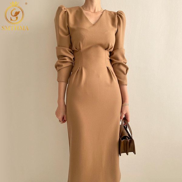 

spring women vintage solid color elegant korea chic office work ol dresses female puff sleeve party vestidos 210520, Black;gray
