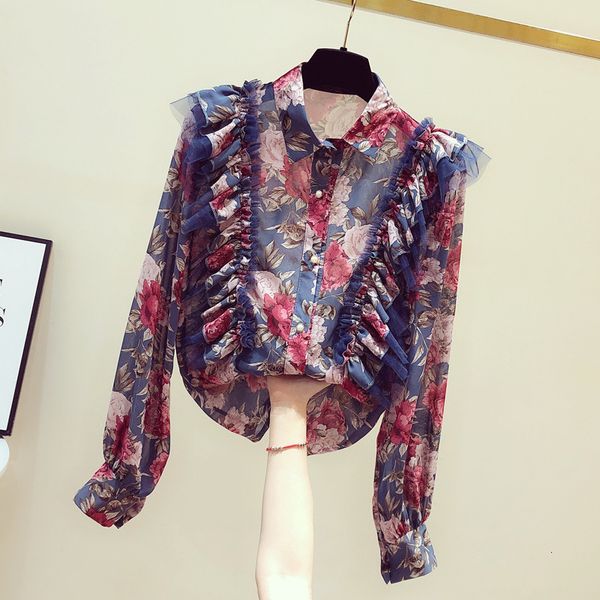 

skirt spring flashlight female shirt blouses mujer plissado sweet broken flower imprint chiffon blouse 2021, Black