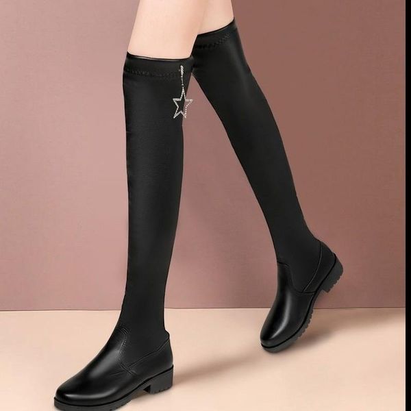 

boots 2021 fashion elastic leather knee-high women round head metal decorative women's deal shoes, Black