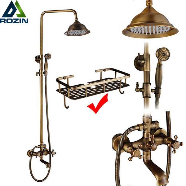 

rozin brass antique bathroom shower faucet set wall mount dual handle with handshower + shelf mixer tap sets