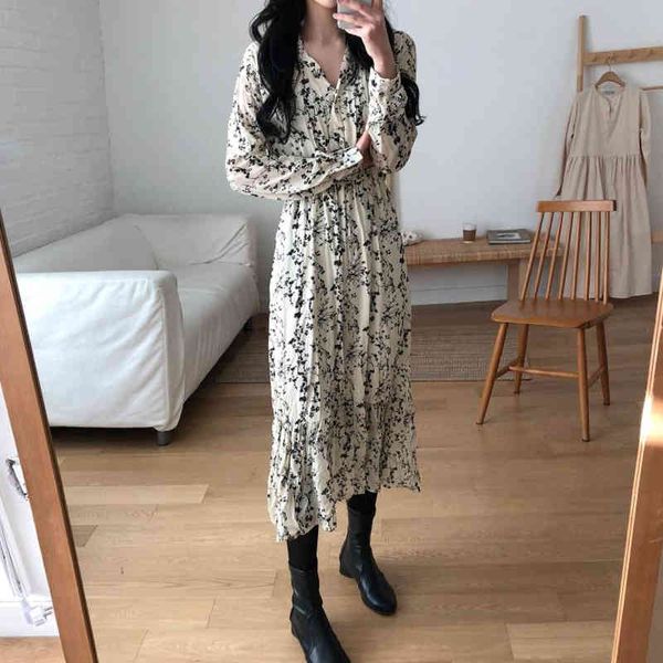 

dresses vintage v-neck ruched women elegant floral high waist loose female midi dress spring summer vestidos femme 0mmr, Black;gray