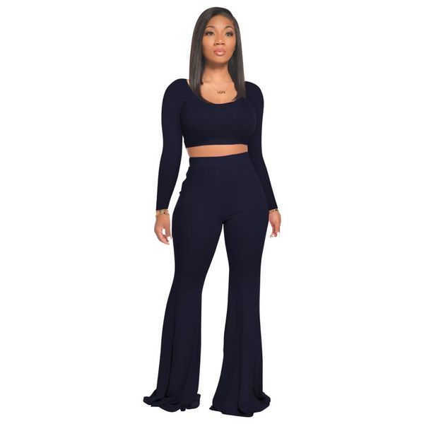 

women's two piece pants fashion set women casual outfits long sleeve crop wide leg matching sets autumn lady pure color ribbed suits, White