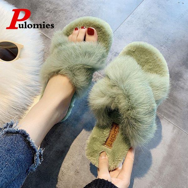 

women plush slippers 2021 winter warm furry faux fur shoes indoor home loafers house slide, Black