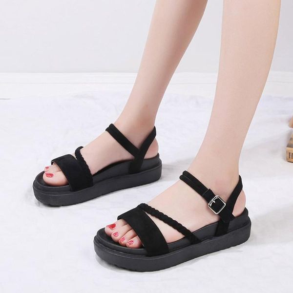 

women's casual platform sandals fashion ankle strap comfy summer flatwoman pure color flock shoes, Black