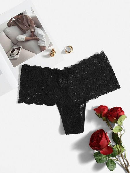 

plus floral lace scallop trim panty u20f#, Black;white