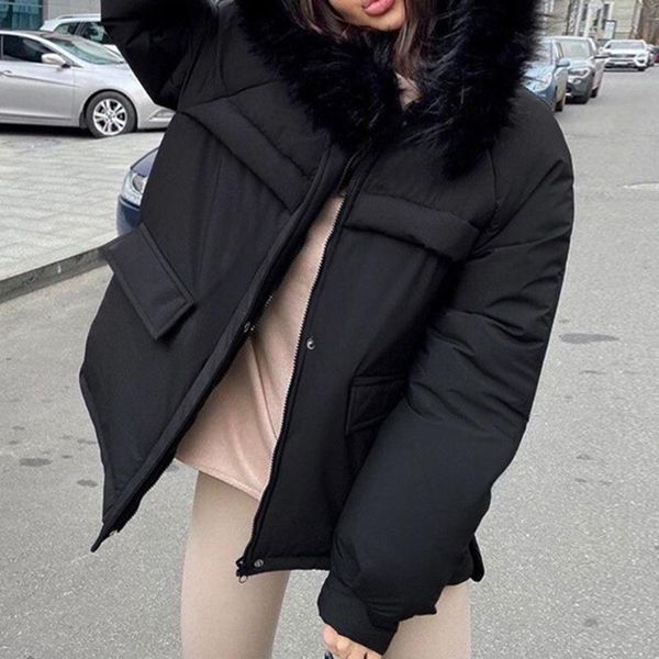 

women's jackets cotton padded jacket women fashion hooded collar loose long sleeve solid fur patchwork mid-length thickening warm winte, Black;brown