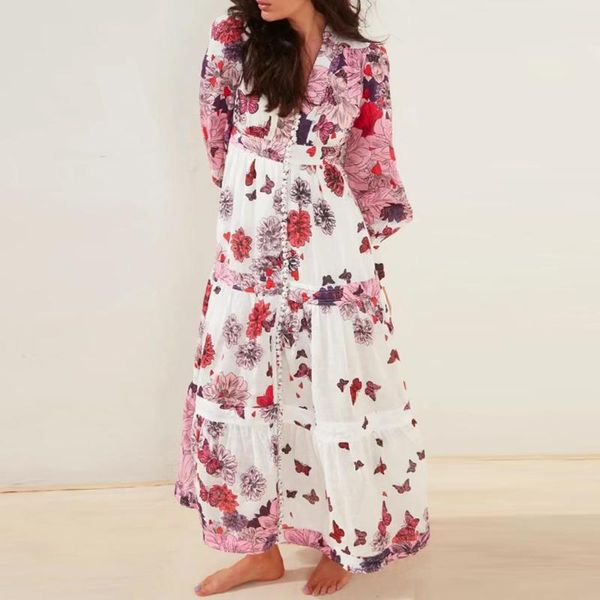 

casual dresses designer fashion printed women dress spring autumn full lantern sleeve v neck flower print single-breasted long party, Black;gray