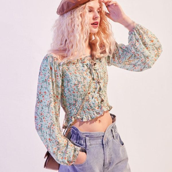 

autumn chiffon shirts 2021 sweet style floral print pleated bow blouse long sleeves crop for women women's blouses &, White