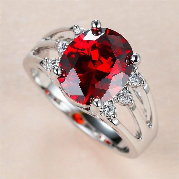 

wedding rings luxury female red crystal stone ring charm silver color big for women promise oval zircon engagement, Slivery;golden