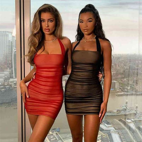 

summer dress backless halter hanging neck pleated hip women's clothing solid color night club bodycon 210517, Black;gray