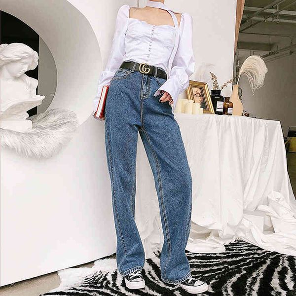 

jean women's brim straight pencils high-loose waistband simple denim baggy pants mujer, Blue