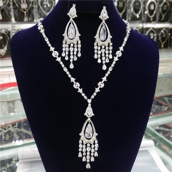 

earrings & necklace royal blue cubic zirconia african big water drop statement earring set for women evening party jewelry quality, Silver