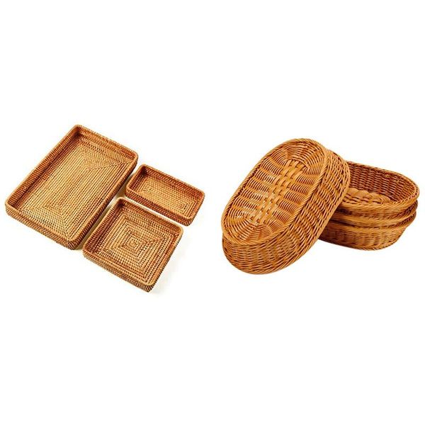 

storage baskets 3pcs handmade rattan rectangle serving tray with basket, bread fruit basket