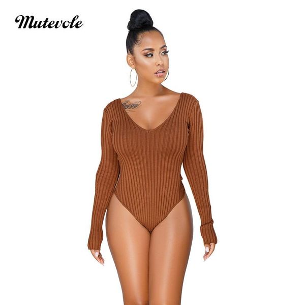

women's jumpsuits & rompers mutevole v neck long sleeve bodysuit women solid color skinny ribbed bodycon elastic casual playsuit, Black;white