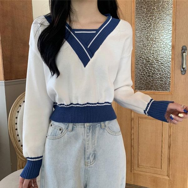 

women's sweaters fake two short knitwear clothing spring and autumn 2021 long sleeve sweater v-neck top, White;black