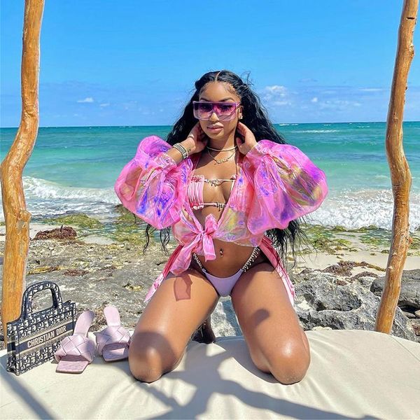 

women's swimwear beach cover up sun protection puff sleeve bandage crop summer outfits women casual loose nightclub s-xl, White;black