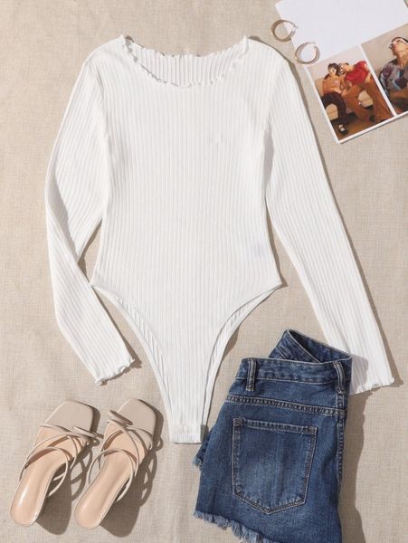 

plus solid frill trim bodysuit q5nk#, Black