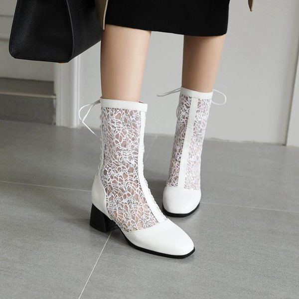 

summer sandal leather lace gauze boot women round toe up high heel lady fashion rome white shoes big size 34-47 20-3 sandals, Black