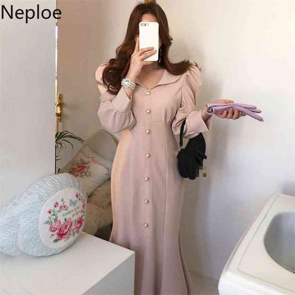 

korean chic high waist hip mermaid vestido elegant single breast design long split dress v neck puff sleeve ropa 210422, Black;gray
