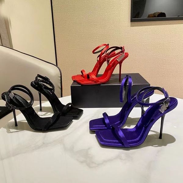 

high end women's square toe high heeled sandals fashion cross over satin genuine silk leather bottom diamond shoes runway show party we, Black