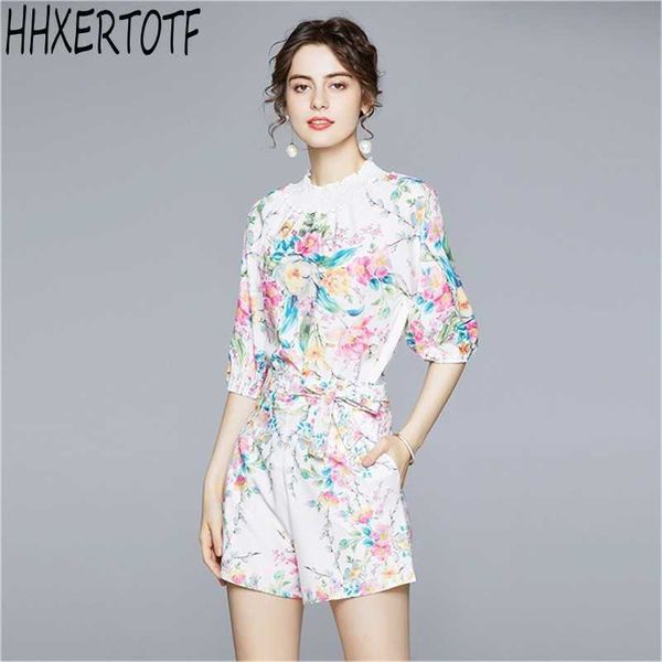 

summer fashion women 2 piece sets flower print vintage outfits o-neck puff sleeve shirts + bow wide leg shorts sets 210531, White