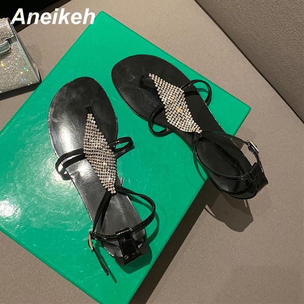 

aneikeh 2021 pu fashion thong sandals women summerflat with bling cross-tied gladiator lace-up party ladies shoes polka dot, Black