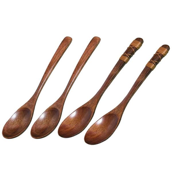 

4pcs wood spoons with tied line on handle stirring soup spoon jam tableware (1+4)