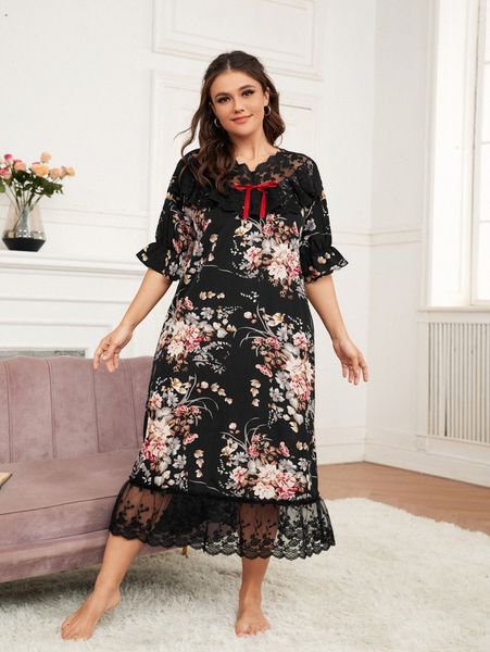 

plus floral print lace panel night dress 91yh#, Black;white