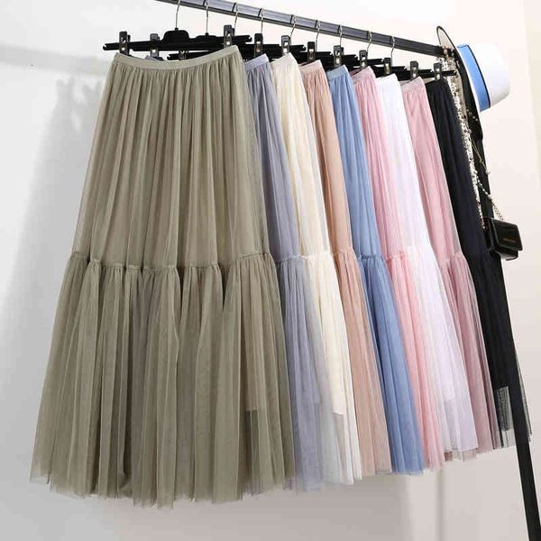 

skirts korean-style high-waisted solid fairy patchwork long tulle candy blue pink a-line pleated mesh boho umyn, Black